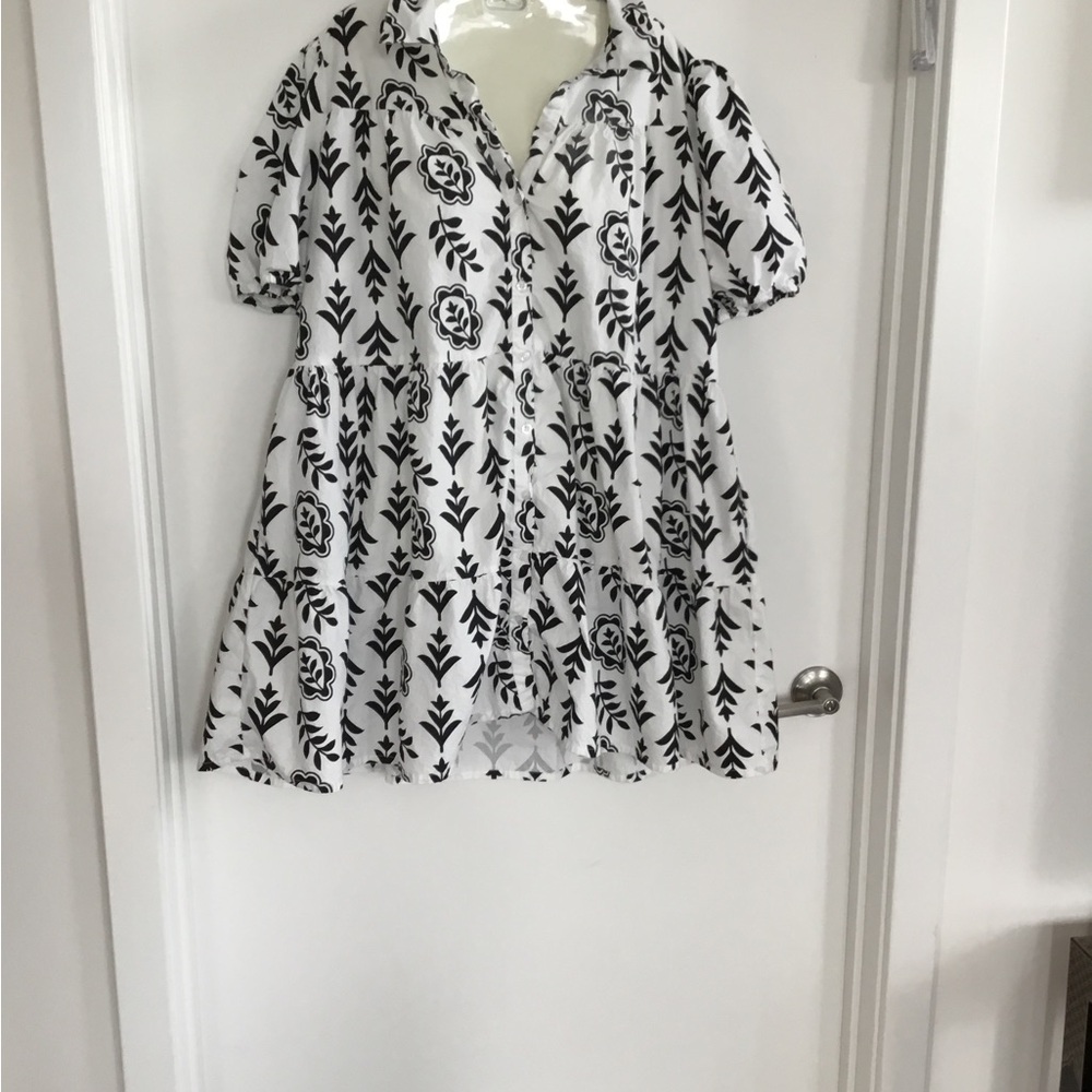 Black and White Puff Sleeve Tiered Mini Dress